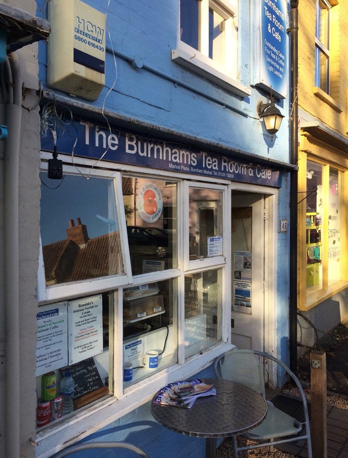 The blue painted shopfront of the Burnhams Tea Room and Cafe in Burnham Market